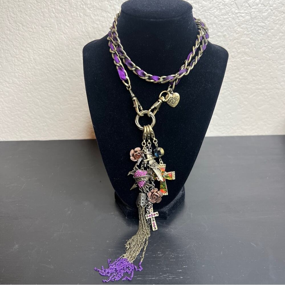 Betsey Johnson Purple Rhinestone Heart Knife CrossCharm Statement Chain Necklace - Picture 2 of 9